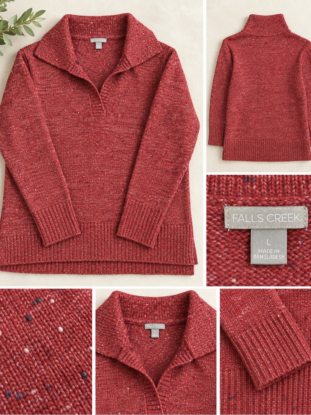 Falls Creek Red Speckled Tweed Cowl-Neck Pullover Sweater